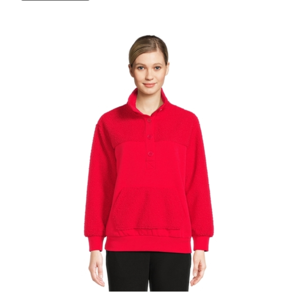 French Terry Red and faux Sherpa pullover with Kangaroo front pocket NWT